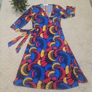 Nikki Poulos Multicolor Abstract Geo Swirl 3/4 Sleeve Wrap Dress, Size Medium
